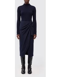 Pinko - Pinstriped Knit Midi Dress With High Neck And Ruched Waist - Lyst