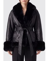 ROTATE BIRGER CHRISTENSEN - Short Lamb Leather Jacket With Fur Collar And Cuffs - Lyst