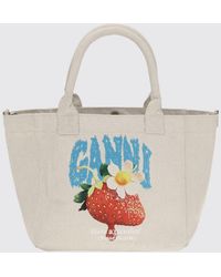 Ganni - Xxl Recycled Cotton Tote Bag With Animal Print And Logo - Lyst