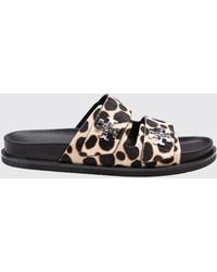 Tory Burch - Animal-Print Pony Hair Flat Sandals With Double T Logo - Lyst