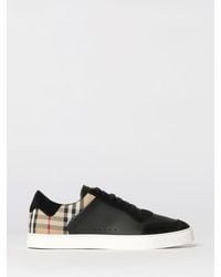 Burberry - Check Leather And Cotton Blend Sneakers - Lyst