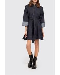 Twinset - Cotton Denim Mini Chemisier Dress With Waist Belt - Lyst