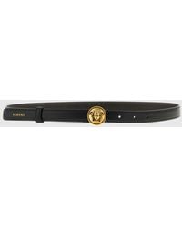 Versace - Calfskin Leather Belt With Monogram Buckle And Logo - Lyst