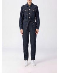 Liu Jo - Slim Fit Cotton Denim Jumpsuit With Waist Belt - Lyst