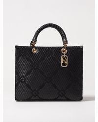 Elisabetta Franchi - Raffia And Fabric Tote Bag With Jacquard Logo - Lyst