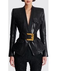 Balmain - Cropped Lamb Leather Jacket With Belt And Padded Shoulders - Lyst