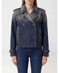 Burberry - Double-Breasted Short Vintage Denim Trench Coat With Epaulettes - Lyst