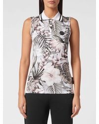 Philipp Plein - Sleeveless Cotton Polo Shirt With Floral And Tropical Print - Lyst
