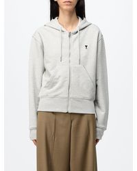 Ami Paris - Hooded Zip-Up Cotton Sweatshirt With Embroidered Logo - Lyst
