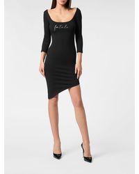 Philipp Plein - Asymmetric Jersey Sheath Mini Dress With Rhinestone Logo - Lyst