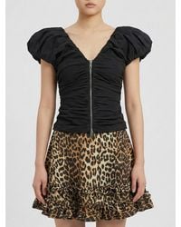 Ganni - Ruched Cotton Top With Zip - Lyst