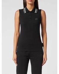 Philipp Plein - Sleeveless Cotton Polo Shirt With Striped Collar - Lyst