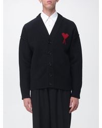 Ami Paris - V-Neck Wool Cardigan With Contrast Logo - Lyst
