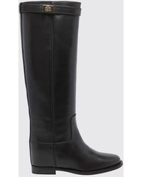 Via Roma 15 - Knee-High Smooth Leather Wedge Boots With Strap Details - Lyst