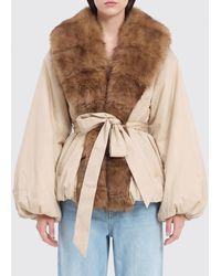 ROTATE BIRGER CHRISTENSEN - Short Faux Fur Coat With Shawl Collar And Belt - Lyst