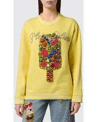 Philipp Plein - Cotton Crewneck Sweatshirt With Frayed Hem And Rhinestone Logo - Lyst