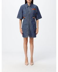 Fendi - Slim Fit Cotton Denim Mini Shirtdress With Zip - Lyst