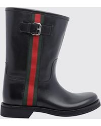 Gucci - Web Detail Calfskin Leather Biker Boots With Buckle - Lyst