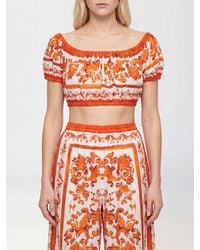 Dolce & Gabbana - Dolce &Amp Gabbana Cropped Cotton Top With Maioliche Print And Boat Neck - Lyst