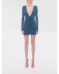 Saint Laurent - Ruched Jersey Sheath Mini Dress With A Deep V-Neckline - Lyst