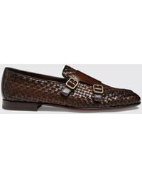Santoni - Premium Leather Loafers With Woven Detail And Double Buckle Closure - Lyst