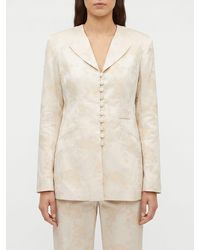 Ganni - Floral Print Slim Fit Cropped Cotton-Blend Blazer - Lyst