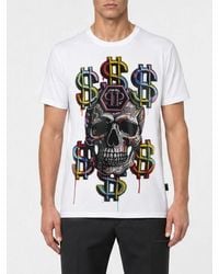 Philipp Plein - Cotton T-Shirt With Rhinestone-Embellished Skull And Logo Print - Lyst