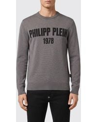 Philipp Plein - Wool And Cotton Blend Crewneck Jumper With All-Over Jacquard Logo Pattern - Lyst