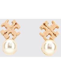 Tory Burch - Double T-Plated Brass Stud Earrings With Pearls - Lyst