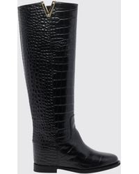 Via Roma 15 - Crocodile-Embossed Leather Knee-High Boots With Wedge Heel - Lyst