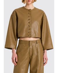 Alberta Ferretti - Cropped Leather Crew Neck Jacket With Long Sleeves - Lyst