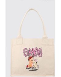 Ganni - Recycled Cotton Tote Bag With Double Handle And Logo - Lyst