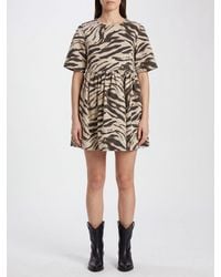 Ganni - A-Line Zebra-Print Organic Cotton Mini Dress With Crew Neck - Lyst