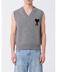Ami Paris - V-Neck Wool Knit Jumper Vest With Contrast Logo - Lyst