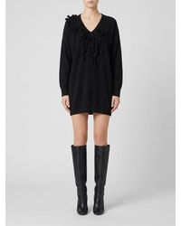 Alberta Ferretti - V-Neck Wool Knit Mini Dress With Flower Appliqué - Lyst