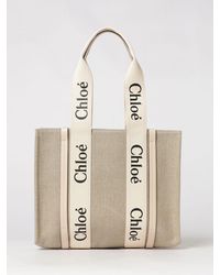 Chloé - Chlo&Eacute Woody Linen Tote Bag With Printed Logo And Double Handle - Lyst