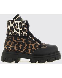 Ganni - Animalier Print Organic Cotton Lace-Up Combat Boots With Lug Sole - Lyst