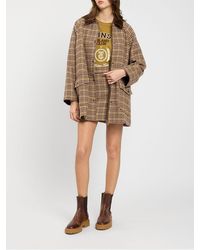 Twinset - Single-Breasted Short Houndstooth Wool Blend Coat With Velvet Collar - Lyst