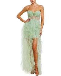 Mac Duggal - Strapless Bustier Net Gown With Spiral Ruffles - Lyst