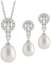 Splendid - Rhodium Plated 8-9.5mm Pearl Cz Necklace & Earrings Set - Lyst