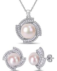 Pearls - Silver 9.5-12mm Freshwater Pearl & Cz Earrings & Pendant Necklace Set - Lyst