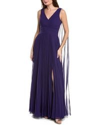 Teri Jon - Pleated Chiffon Cape Gown - Lyst