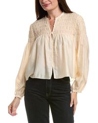 FRAME - Frame Smocked Collarless Silk-blend Blouse - Lyst