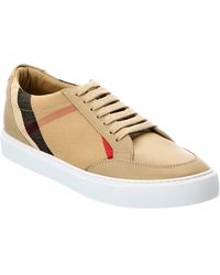 Burberry - Check Detail Leather & Canvas Sneaker - Lyst