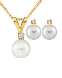 Splendid - 14K 0.03 Ct. Tw. Diamond & 5-5.5Mm Akoya Pearl Necklace & Studs Set - Lyst