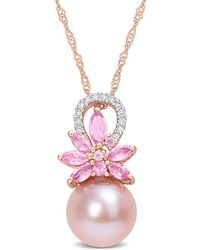 Rina Limor - 14k Rose Gold 1.01 Ct. Tw. Diamond & Pink Sapphire 9.5-10mm Pearl Flower Pendant Necklace - Lyst