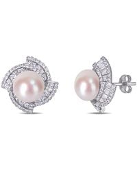Pearls - Silver 9.5-10mm Freshwater Pearl & Cz Earrings - Lyst