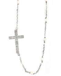 Gemstones - Silver 0.08 Ct. Tw. Diamond 3-4mm Pearl Cross Necklace - Lyst