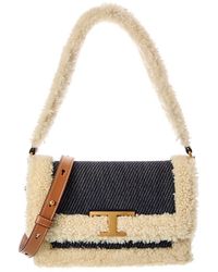 Tod's - Tods T Timeless Denim & Shearling Shoulder Bag - Lyst