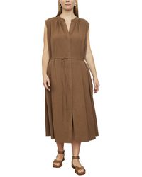 Vince - Plus Shirred Band Collar Linen-blend Dress - Lyst